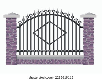 Old stone fence with iron railing isolated on white background. Vector illustration