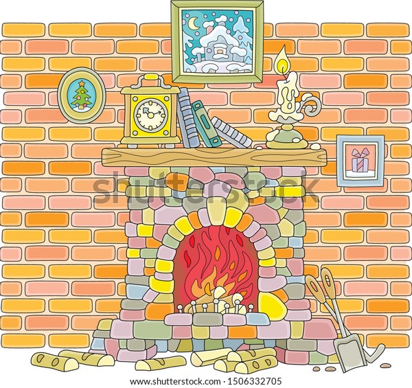 Old Stone Fireplace Burning Firewoods Mantel Objects Interiors