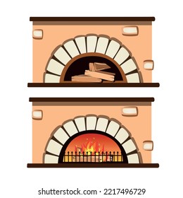 Old stone fireplace in cartoon style isolated on white background. Element of architecture and interior. Set vector illustration.
