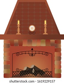 Old stone fireplace with two candlesticks and decorative plate on the mantelpiece.  Decorative element for design of the interior. Realistic detailed vector isolated on white background.