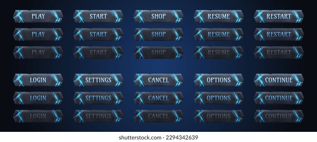 Old stone game buttons animation set. Vector cartoon illustration of frames with neon blue cracks. Play, start, shop, resume, restart, login, settings, click action sprite sheet. Gui design elements