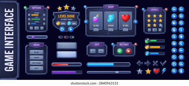 Old stone game UI interface buttons and level windows with rocky loading scale and menu frame. Medieval game interface assets with stone indicators and rewards for videogame elements and gamer GUI