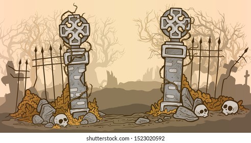 Old stone gate with a broken lattice. Against the background of tombstones and trees.