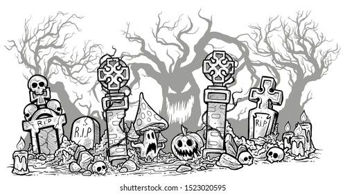 Old stone gate with a broken lattice. Against the background of tombstones and evil trees.