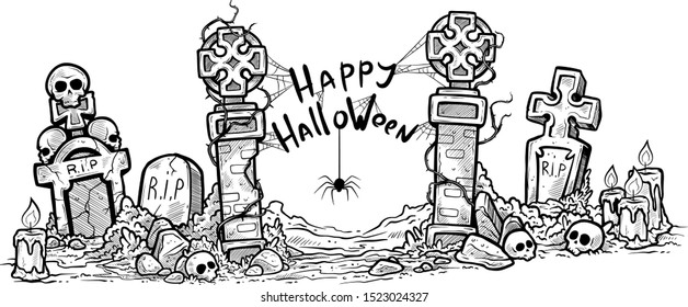 
Old stone gate with a broken lattice. Against the background of tombstones and trees. Happy Halloween inscription over gates and spider web. Isoleted on a white background. Vector illustration.