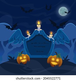 An old stone grave with candles on cemetry. Full moon night with bats on sky and pumpkins. Halloween illustration.