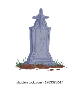 Viejo cementerio de piedra con cruz. La lápida erguida en estilo vintage. Piedra de cabeza realista de una antigua tumba religiosa rota. Ilustración vectorial de color dibujada a mano aislada en fondo blanco