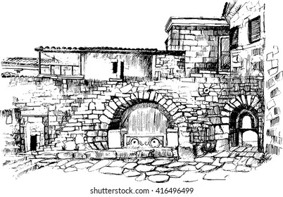 Old stone house. City landscape. The monastery courtyard in Surb Khach. Medieval Crimea