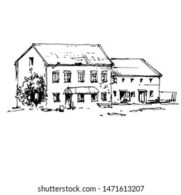 Old stone house hand drawn stock vector illustration. Vintage village building engraving, line art, sketch. Design for coloring book page