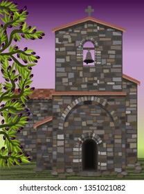 Old stone medieval church with arched entrance in visigoth styles, olive tree, vector illustration