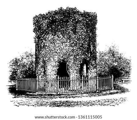 Old Stone Mill is stone tower mill built by Benedict Arnold who was 1st colonial governor of Rhode Island vintage line drawing.