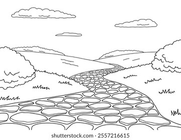 Old stone road landscape graphic black white sketch illustration vector