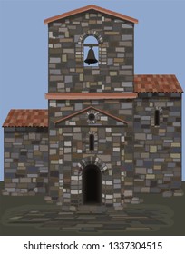 Old stone spanish castle in visigothic style with bell. vector illustration