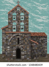 Old stone spanish church with bells and arched entrance in visigoth styles, vector illustration