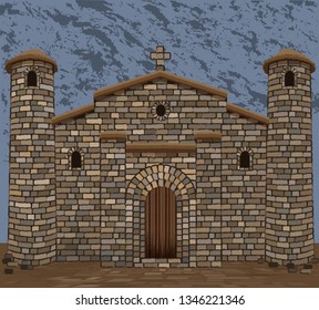 Old stone spanish  church in visigothic style with two stone towers. vector illustration