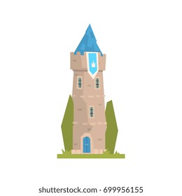 Old stone tower with blue pennant, ancient architecture building vector Illustration
