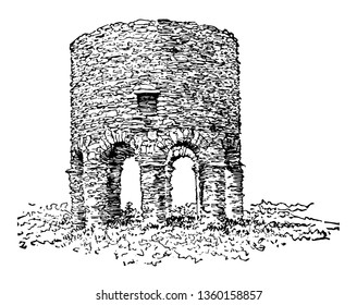 Old Stone Tower, Newport built in 17th century which is century's older which represents evidence of Pre Columbian Trans oceanic Contact vintage line drawing.