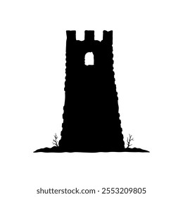 Old stone tower. Watchtower. Black silhouette. Front side view. Vector simple flat graphic hand drawn illustration. Isolated object on white background. Isolate.