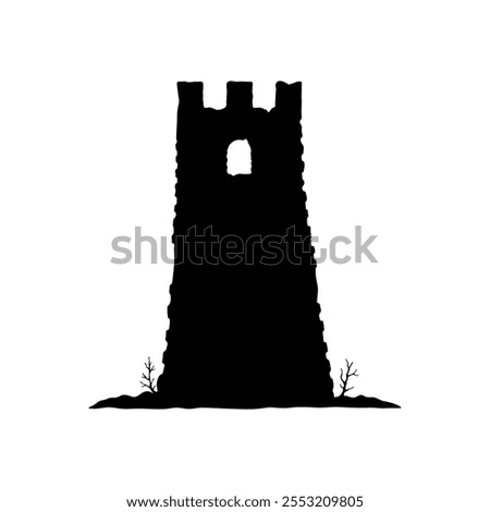 Old stone tower. Watchtower. Black silhouette. Front side view. Vector simple flat graphic hand drawn illustration. Isolated object on white background. Isolate.