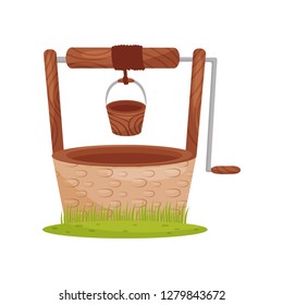 Old stone water well, wooden bucket hangs on rope. Element for rural landscape. Farm theme. Flat vector design