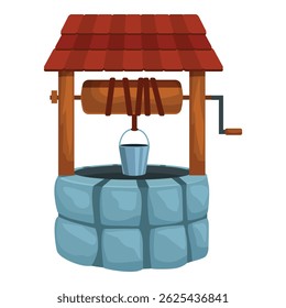 Old stone water well with wooden roof and bucket hanging over dark water