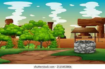 Old stone well with drinking water on green hill