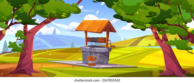 Old stone well with drinking water and wooden bucket, agricultural fields on green hills near forest trees. Vector cartoon illustration of rural summer landscape under blue sunny sky and white clouds