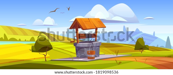 Old\
stone well with drinking water on green hill. Vector cartoon summer\
landscape with vintage well with wooden roof, pulley and bucket.\
Basin for water source or spring near farm or\
village