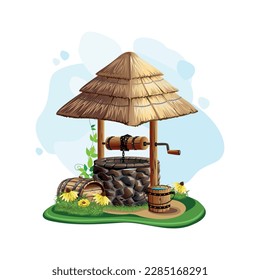 Old stone well with thatched roof. Source with clean water. Vector illustration in cartoon style isolated on white background.