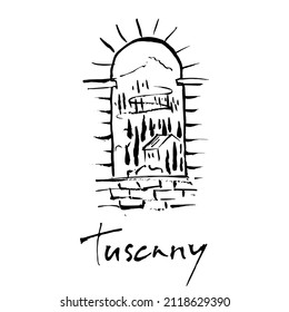 Old stone window with Tuscany landscape. Winery logo.