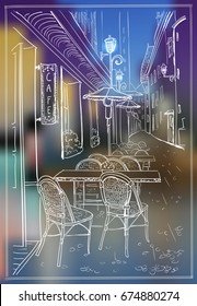 Altes Straßencafé in der Abendstadt, handgezeichnet 