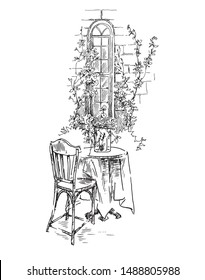 Old street fragment. Hand drawn illustration. Vector sketch made in vintage style.

