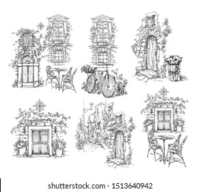 Old street fragment. Hand drawn illustration. Vector sketch made in vintage style. Drawing collection.