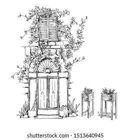 Old street fragment. Hand drawn illustration. Vector sketch made in vintage style. Drawing collection.