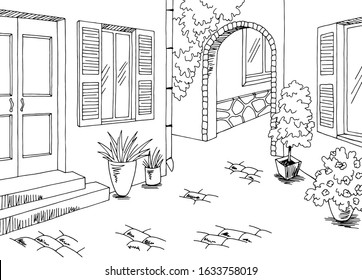 Old street graphic black white town landscape sketch illustration vector