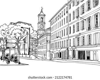 Calle antigua con estilo de dibujo a mano. Niza, Provenza, Francia. Ilustración vectorial. Linea Art. Bonita ciudad europea. El paisaje urbano blanco y negro sobre fondo blanco. Sin gente.