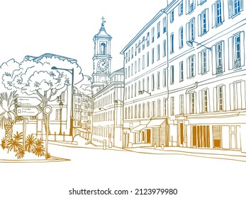 Old street in hand drawn sketch style. Nice, Provence, France. Vector illustration. Line Art. Nice European city. Colorful Urban landscape on white background. Without people.