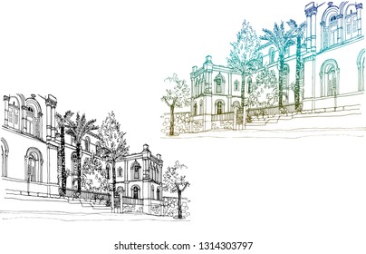 Old street of Jerusalem, black and white vector illustration in hand drawn style. Urban landscape sketches. Line art. Ink drawing on white.