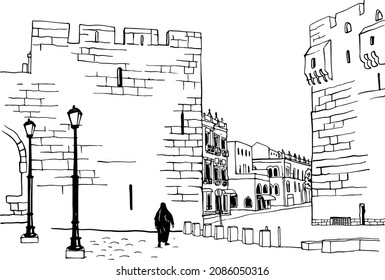 Old street of Jerusalem, black and white vector illustration in hand drawn style. Ancient walls. Jerusalem, Israel. Urban landscape sketch. Line art. Ink drawing on white.