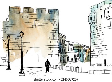 Old street of Jerusalem, black and white vector illustration in hand drawn style. Ancient walls. Jerusalem, Israel. Urban landscape sketch. Line art. Ink drawing on background watercolor.