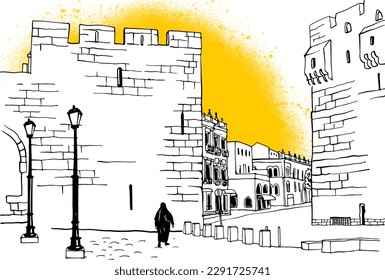 Old street of Jerusalem, black and white vector illustration in hand drawn style. Ancient walls. Jerusalem, Israel. Urban landscape sketch. Line art. Ink drawing on white.