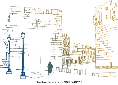 Old street of Jerusalem, colourful vector illustration in hand drawn style. Ancient walls. Jerusalem, Israel. Urban landscape sketch. Line art. Ink drawing on white.