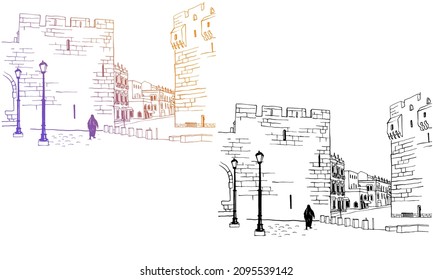 Old street of Jerusalem, colourful vector illustration in hand drawn style. Ancient walls. Jerusalem, Israel. Urban landscape sketch. Line art. Ink drawing on white.