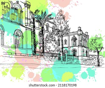 Old street of Jerusalem, Israel, Colorful vector illustration in hand drawn style. Urban landscape sketch. Line art. Ink drawing on splash background.