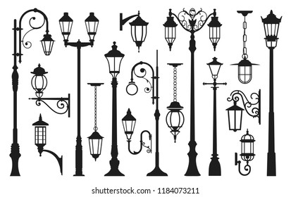 Old street lamp black silhouette, city vintage. Light pole, lamppost urban elegant collection. Vector illustration isolated on white background