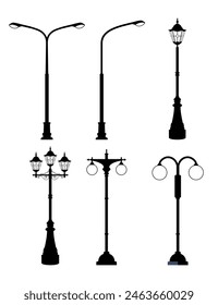 Old street lamps set in monochrome style. illustrations isolate. Urban lantern streetlight classic. Vector illustration in flat style