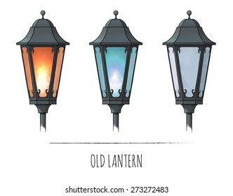 Old street lanterns. On and off. Retro. Watercolor vector illustration. Hand drawn