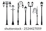 Old street light lamps retro style black silhouette set vector flat illustration. Vintage ornate outdoor electricity lighting metallic classic construction monochrome minimalist outside decoration