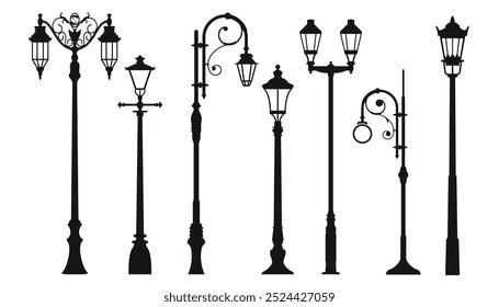 Antiguas lámparas de luz de calle estilo retro negro conjunto de silueta Vector ilustración plana. Antiguas adornado al aire libre iluminación eléctrica metálica construcción clásica monocromo minimalista decoración exterior