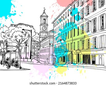 Old street. Nice view of the Nice, Provence, France. Hand drawn sketch. Urban sketch. Line art. Ink drawing. Black and white vector illustration. Blobs Background. Postcards style. Without people.

